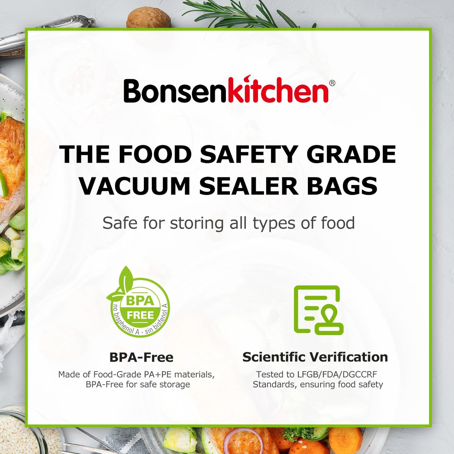 Bonsenkitchen Vacuum Sealer Bags, 11 in x 50 ft Rolls 2 Pack Seal Bags for Food Storage Saver, BPA Free, Commercial Grade Textured Food Roll Bags, Customized Size Bag for Sous Vide Cooking,VB3210