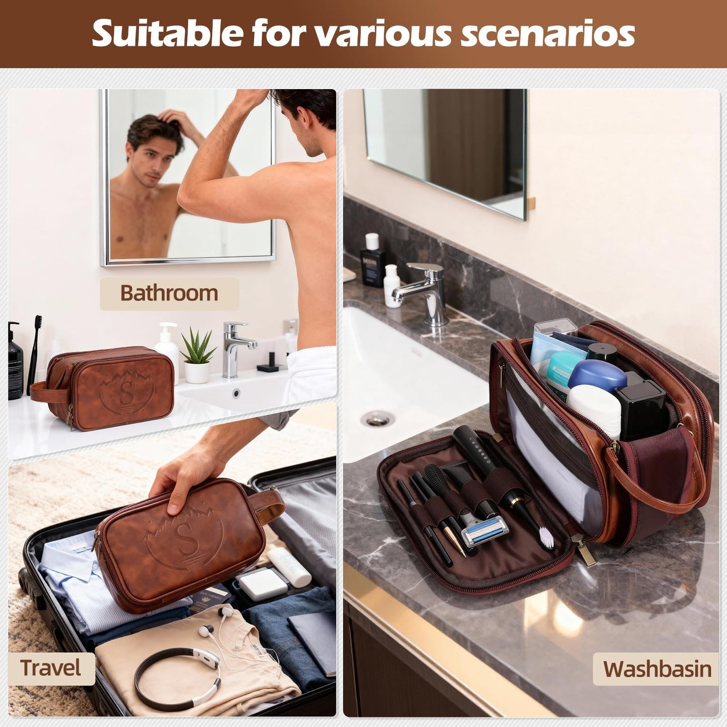 Personalized Groomsmen Gifts Travel Toiletry Bag for Men, Engraved Monogrammed Initial PU Leather Water-Resistant Shaving Bag, Traveling Essentials for Adults Man Dad Husband Boyfriend Groomsmen,S