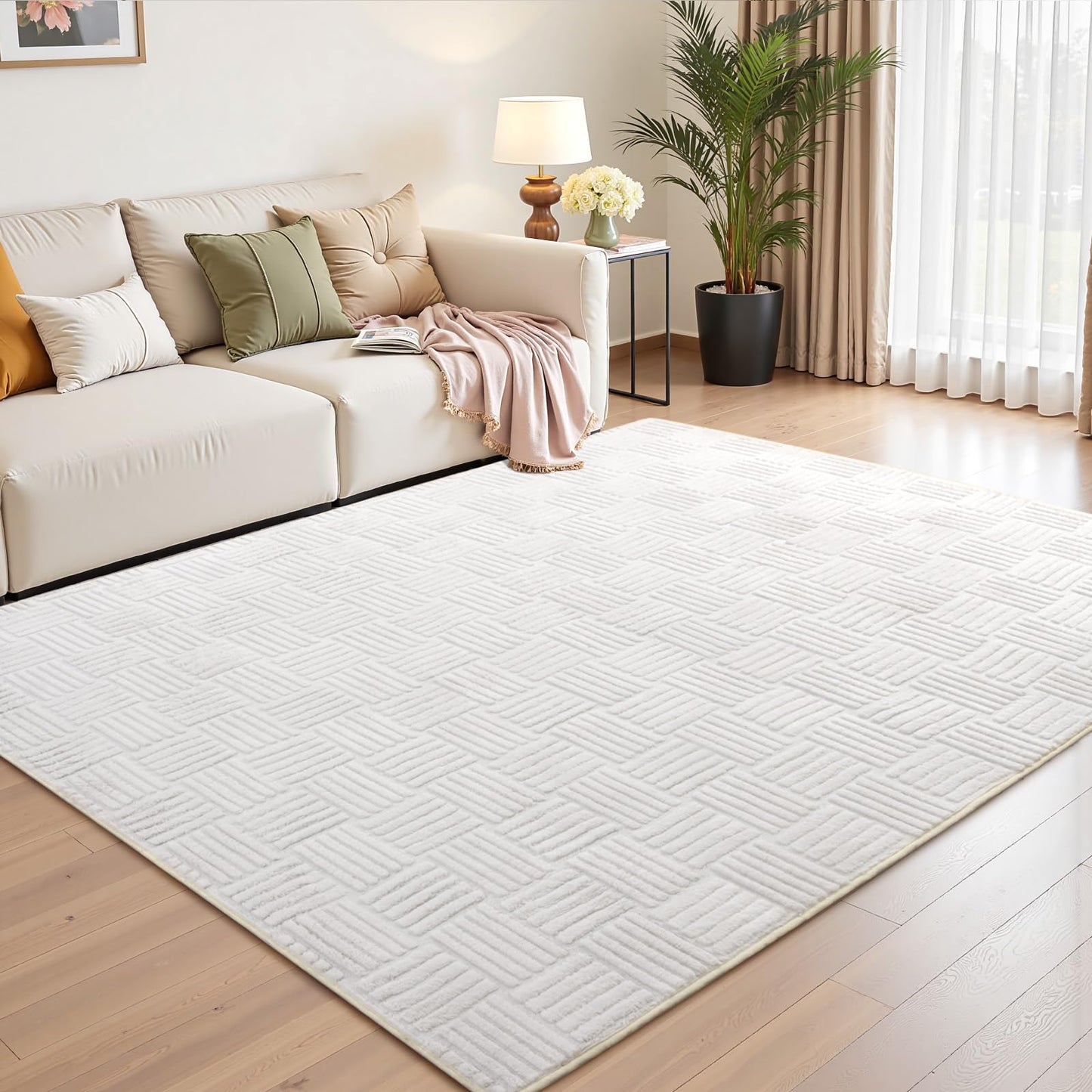 Flagover 3x5 White Washable Shag Area Rug for Girls Bedroom, Modern Geometric Non Slip Living Room Rugs, Soft Carpet for Kids Room, Dorm, Office, Bedside, Entryway and Home Decor