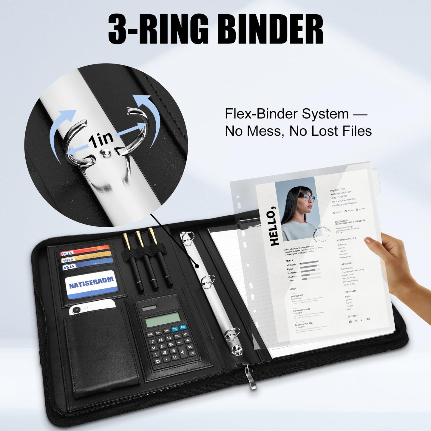 NATISERAUM Portfolio Binder 3 Ring Includes Pen and 5 Dividers with 10 Pockets, Padfolio Organizer with Magnetic Handle for Men and Women, Includes A4 Notepad for Business, School, Work