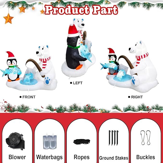 7.1FT Christmas Inflatable Polar Bear & Penguin Fishing Decoration, Christmas Blow Up Penguin Wear Scarf & Santa Hat and Polar Bear Inflatable Built-in 5 LED for Christmas Inflatables Outdoor