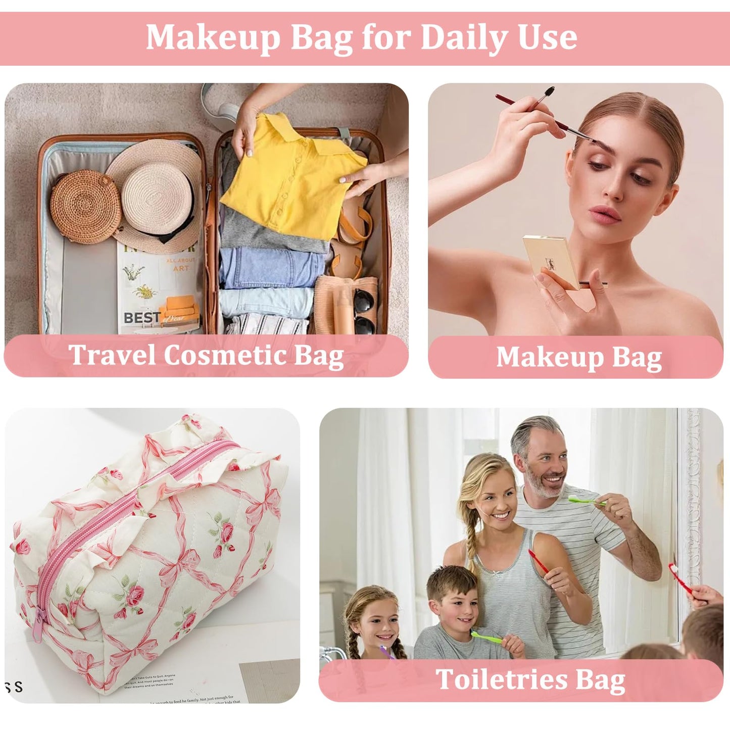 Cute Makeup Bag Travel Cosmetic Bag for Women,Small Floral Organizer Toiletry Bag Make Up Bags,Coquette Aesthetic Bowknot Toiletry Bag,Soft Cotton Cloth Travel Toiletry Bag (04 Pink Bow Flower)