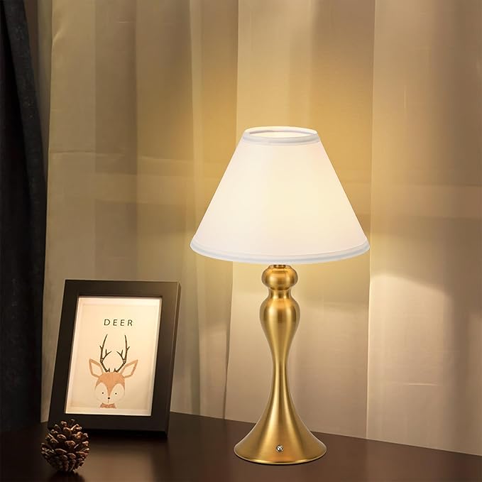 Cordless Bedside Lamp for Living Room, Table Lamp for Bedroom, 3-Way Dimmable Nightstand Lamp with Fabric Shade, Rechargeable Touch Led Desk Lamp Battery Operated Lamp for Dorm, Home Office (Brass)