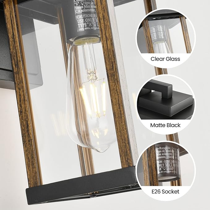 Outdoor Wall Sconce, Outside Porch Light Fixtures, Dusk to Dawn Wall Mount Anti-Rust Exterior Wall Lights in Wood Grain & Black Finish with Clear Glass