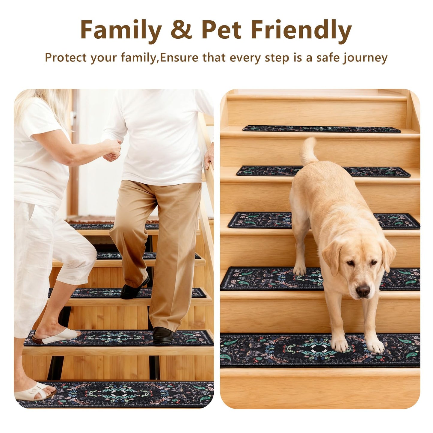 Retro Stair Treads Non Slip for Wooden Steps 15PCS 8"x30" Stair Carpet Treads TPR Backing Soft Stair Rugs Runner Washable Reusable Indoor Safety Stair Mats for Elders Kids Dogs Black