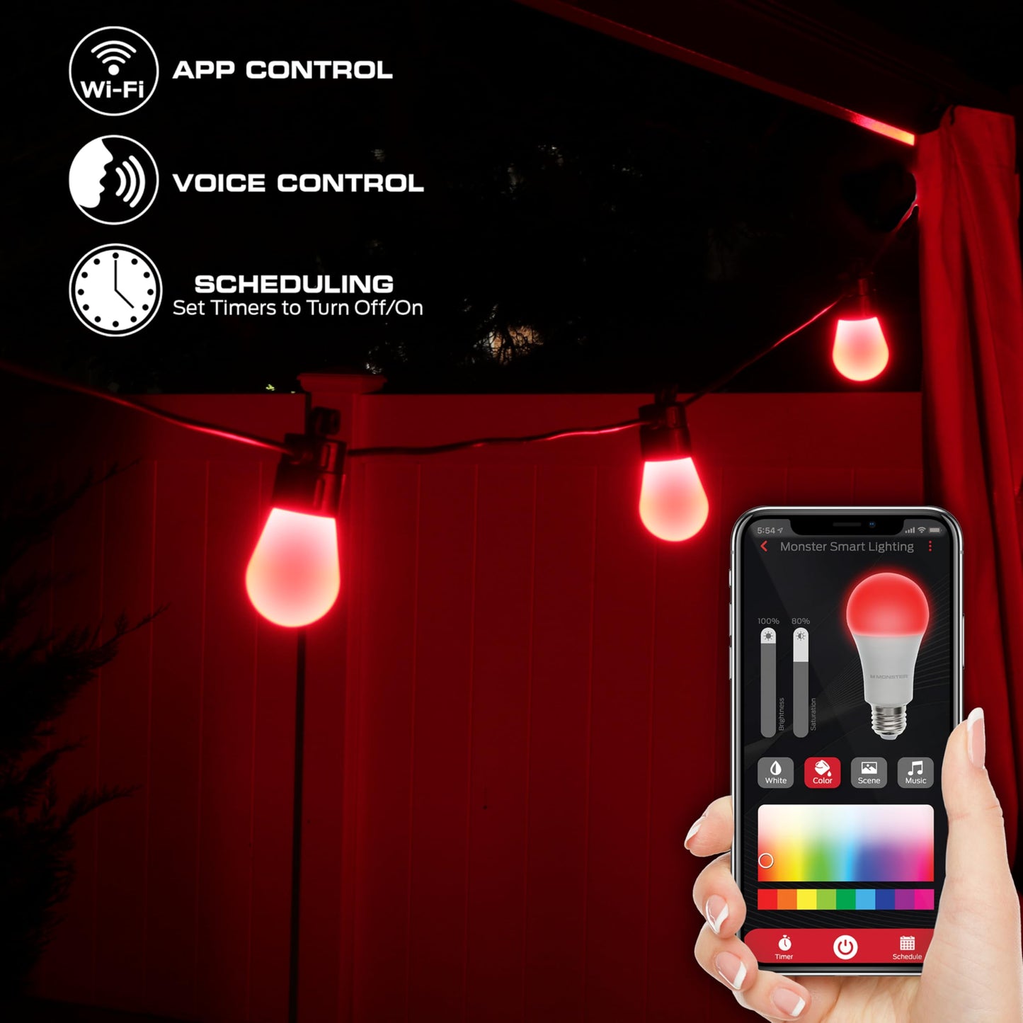 Monster 24 Foot Outdoor Smart RGB+IC+WW String Lights, 12 Bulb Color Flow Dimmable LEDs, Sound Reactive, Water & Weather Resistant, Compatible with Alexa, Siri, Google Home, App