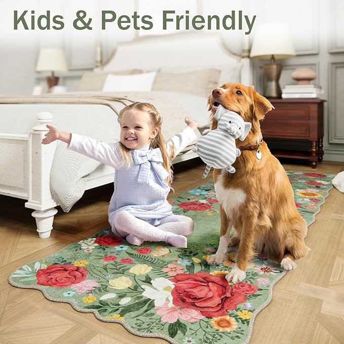 Kitchen Rug Runners for Hallways: 2'6''x10' Washable Runner Rugs for Kitchen Ultra Thin Stain Resistant Non Slip Low Pile Lightweight Vintage Floral Carpet for Farmhouse Decor (Green)