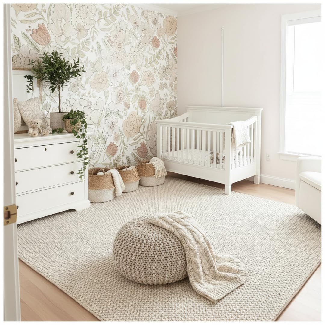 The Knitted Co. Handwoven Wool Area Rug - Hand Woven Natural Carpet Rugs- Bedroom Living Room Dining Room (Ivory- 5'x8')