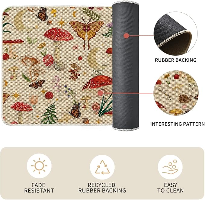 Artoid Mode Mushrooms Butterfly Spring Kitchen Mats Set of 2, Home Decor Low-Profile Kitchen Rugs for Floor - 17x29 and 17x59 Inch
