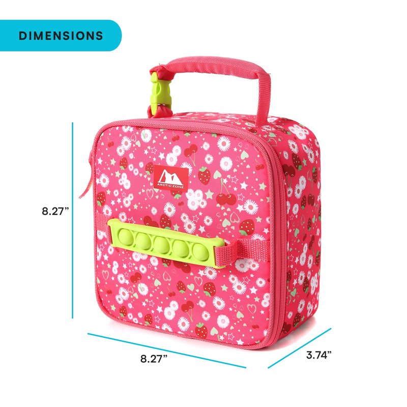 Arctic Zone Kids Lunch Box Combo with Gel Ice Pack and Sandwich Container, Insulated Bag for Travel Lunch, Sensory Fidget Handle, Very Berry Cherry