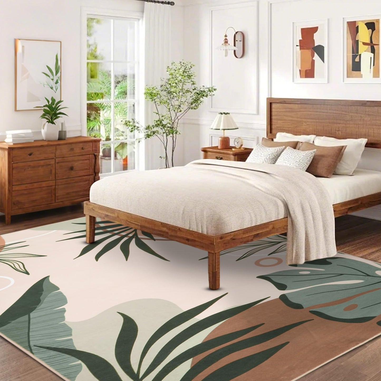Instellar 5x7 Washable Area Rug for Living Room–Low Pile Non Slip Green Botanical Leaf Carpet for Bedrooms Kitchen Dining Room and Kids' Room,Pink