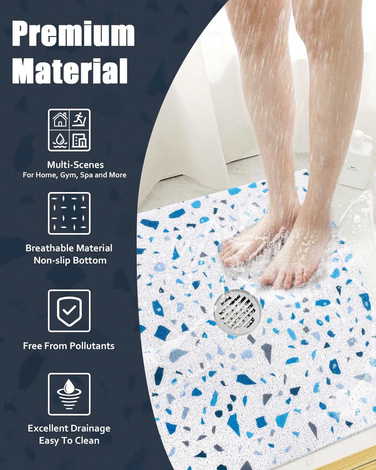 Non Slip Shower Mat with Drain Holes in Middle: 27×27Inch Super Soft Loofah Shower Mats for Inside Shower, Shower Stall Mats Floor Mats for Home,Hotel,Spa,Gym