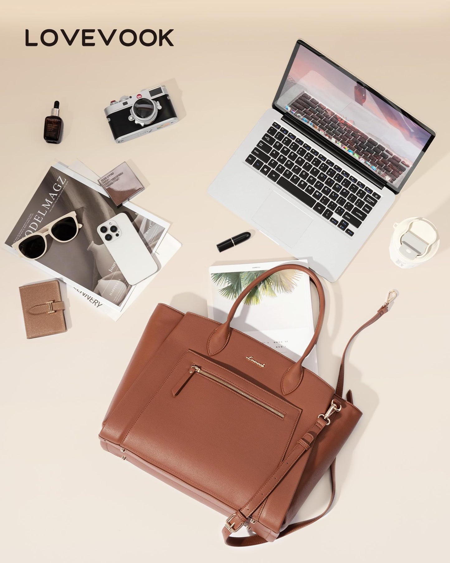 LOVEVOOK Laptop Tote Bag for Women, 15.6 Inch Large Capacity Work Bags Briefcase Purse with Multiple Pockets & Large Bottle Holder, Vegan Leather Business Office Computer Bag for Teacher, Pebble