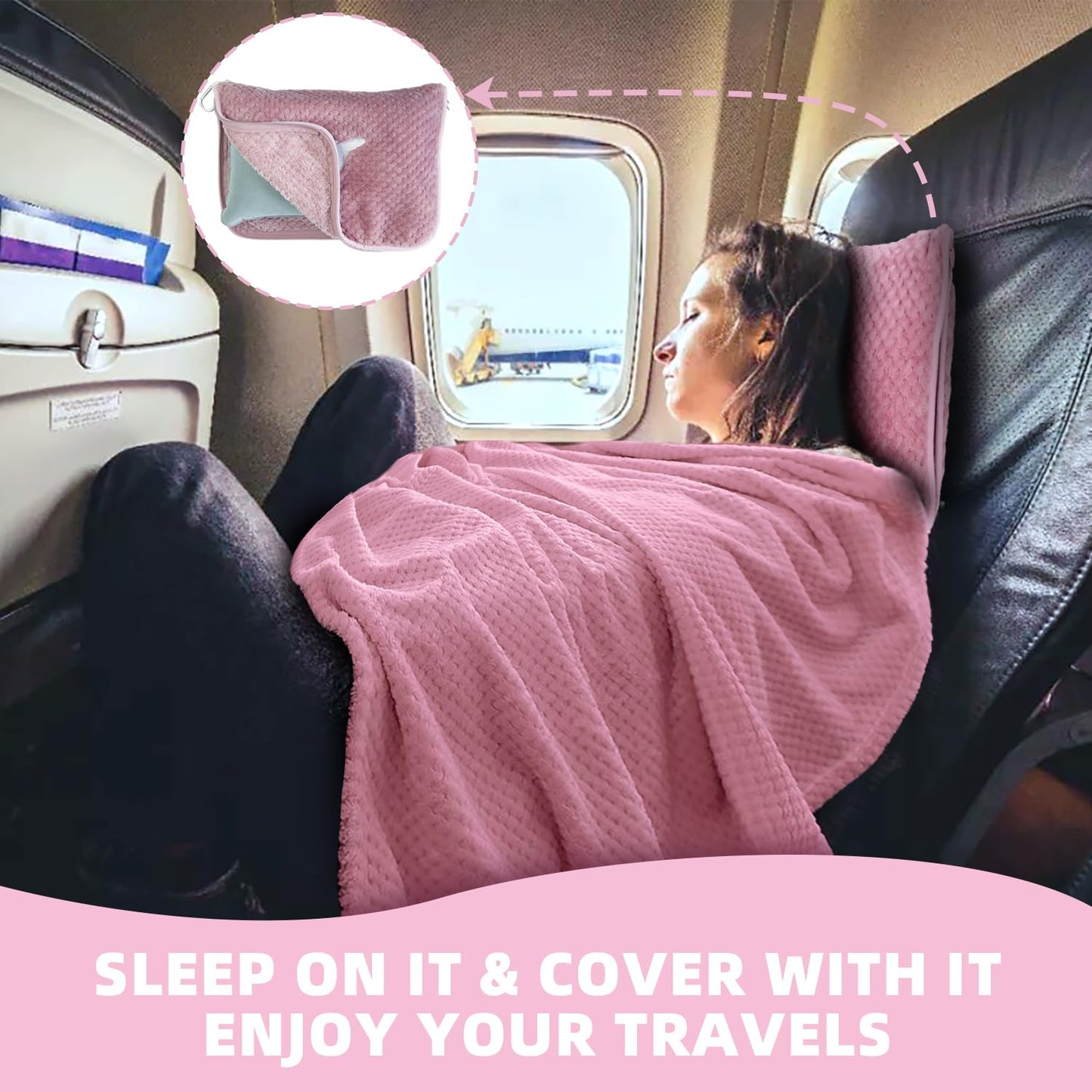 Nenolix 3 in 1 Travel Blanket Pillow Set - 350 GSM Thick Travel Blanket Airplane Compact with Bag, Soft Bag with a Pocket, Inflatable Travel Pillow for Camping & Car Trip (Blush Pink)