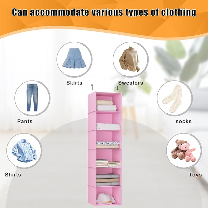 Hanging Closet Organizer, Easy Mount Foldable 6-Shelf Hanging Closet Wardrobe