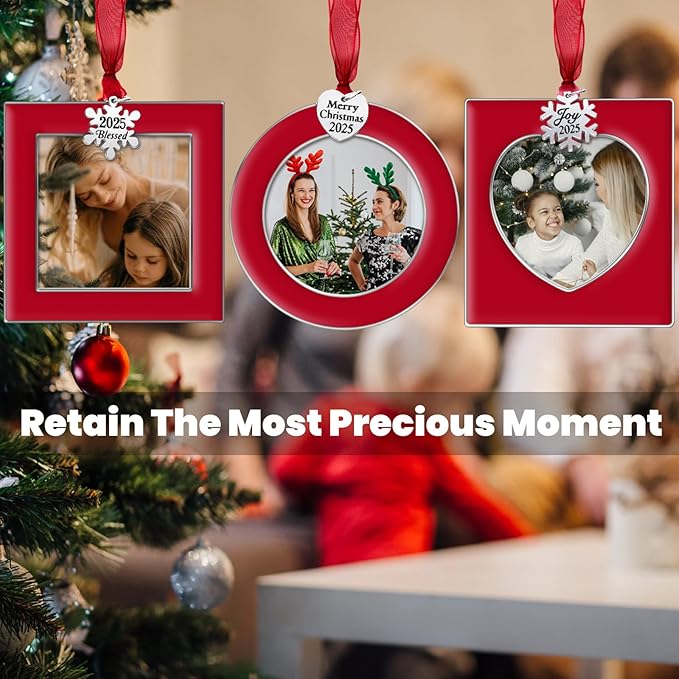 GUOER 3PCS Christmas Tree Ornaments Set Picture Frame Ornament Holiday Keepsake Gift Home Decor Christmas Decorations Xmas Gifts Pendant with 2.5” Photo Frame Insert (Red 2025)