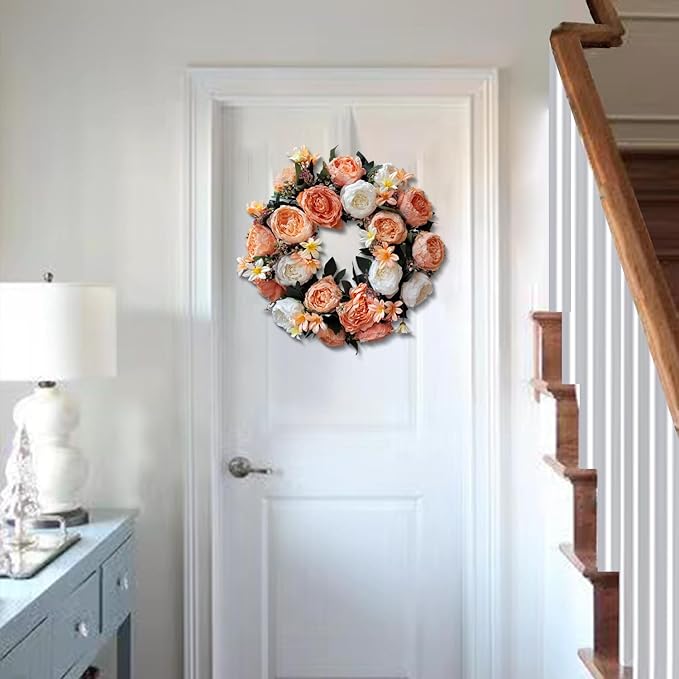 WANNA-CUL 20 Inch Spring Fall Wreaths for Front Door Decor,Summer Front Door Wreath with White and Champagne Gold Rose Flower for Wedding or Indoor&Outdoor Home Decor