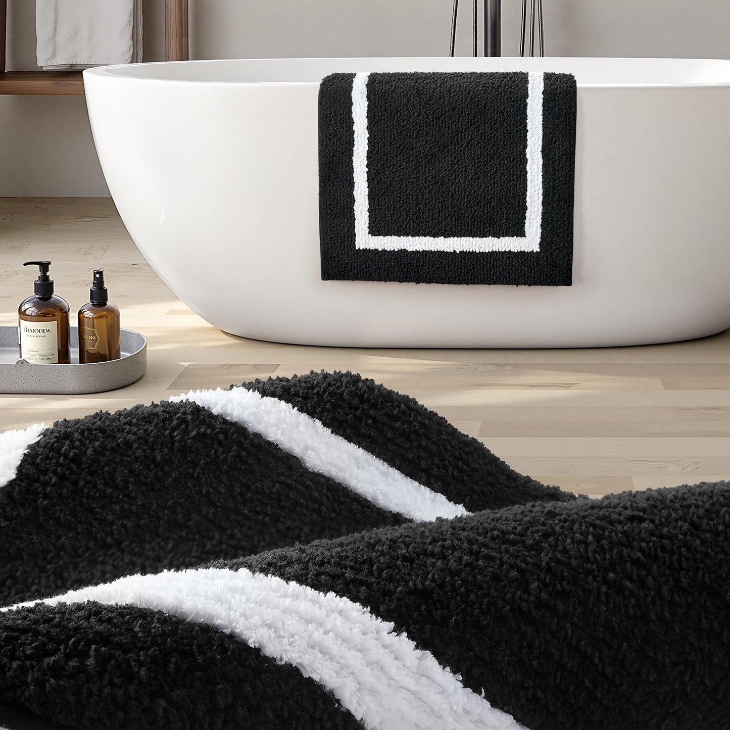 HOMEIDEAS Bathroom Rugs Sets 2 Piece, Super Soft and Absorbent Microfiber Tufted Bath Mats, Non-Slip and Machine Washable Bath Rugs(Black and White)