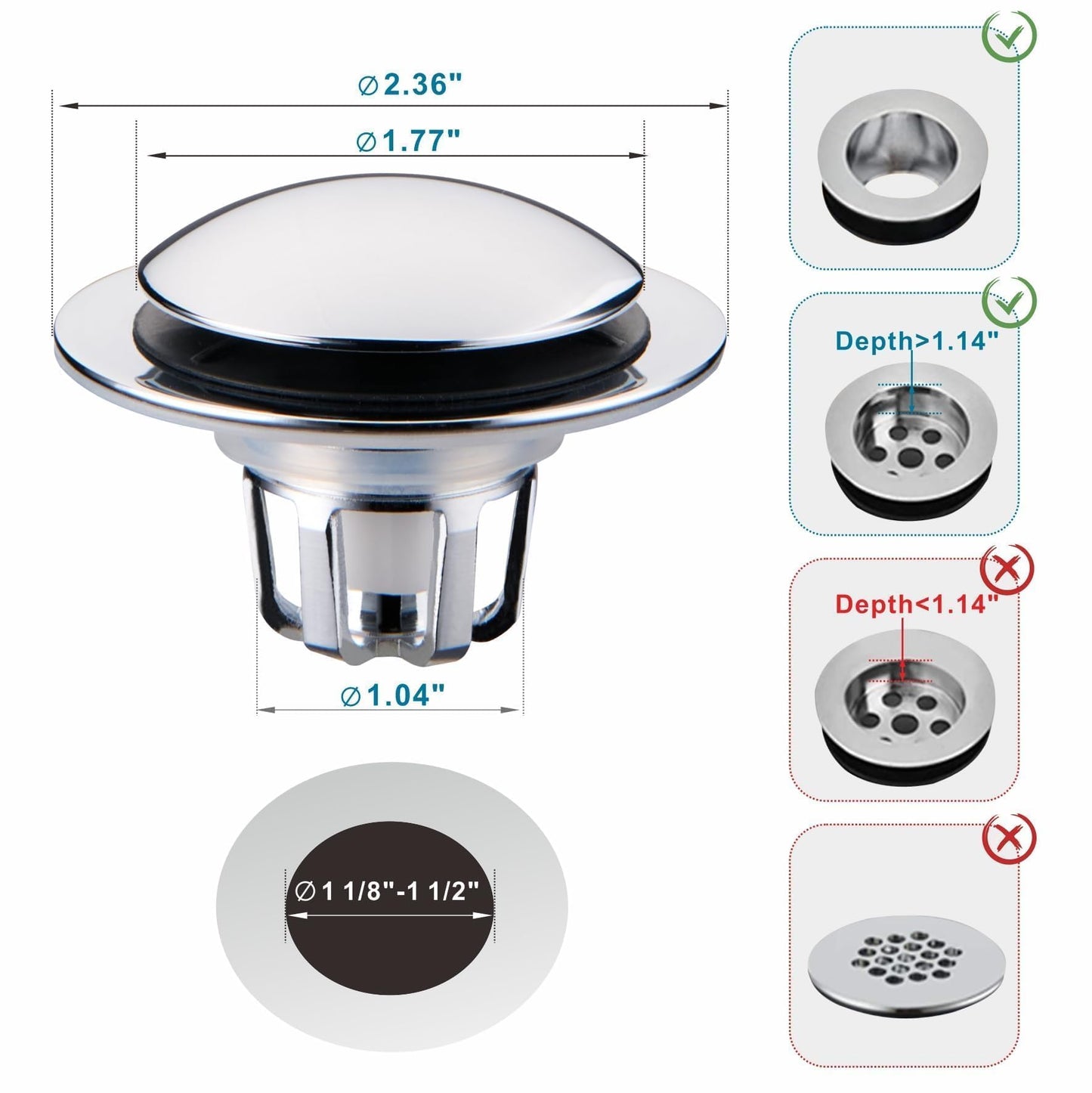 Chrome Bathroom Sink Drain Stopper,Welsan Universal Pop-Up Drain Stopper Plug Strainer with Hair Catcher for 1 1/8"-1 1/2" Drain Hole,Anti-Clogging Design Chrome Plated