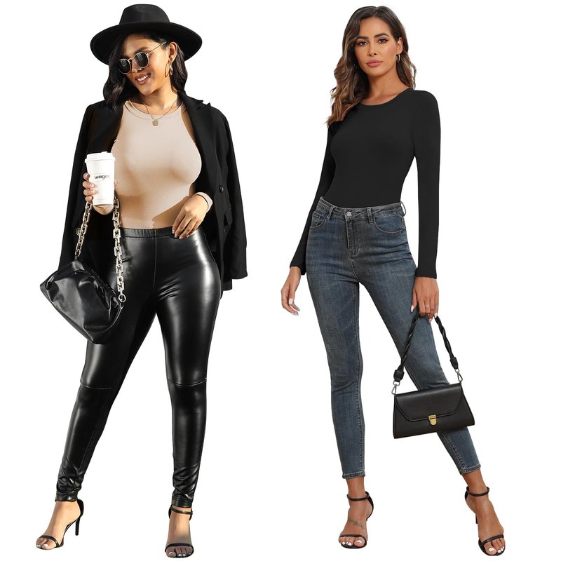 BALENNZ Bodysuits for Women Long Sleeve Round Neck Womens Body Suits Tops Long Sleeve Bodysuit Tops for Women Fall Body Suit Pack 5DS