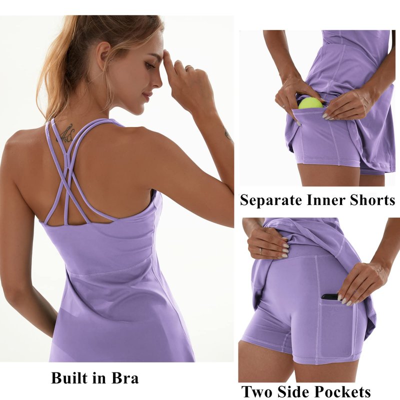 Tennis Dress for Women Workout Dress with Built-in Bra & Shorts Pockets for Athletic Exercise Golf, Purple, M