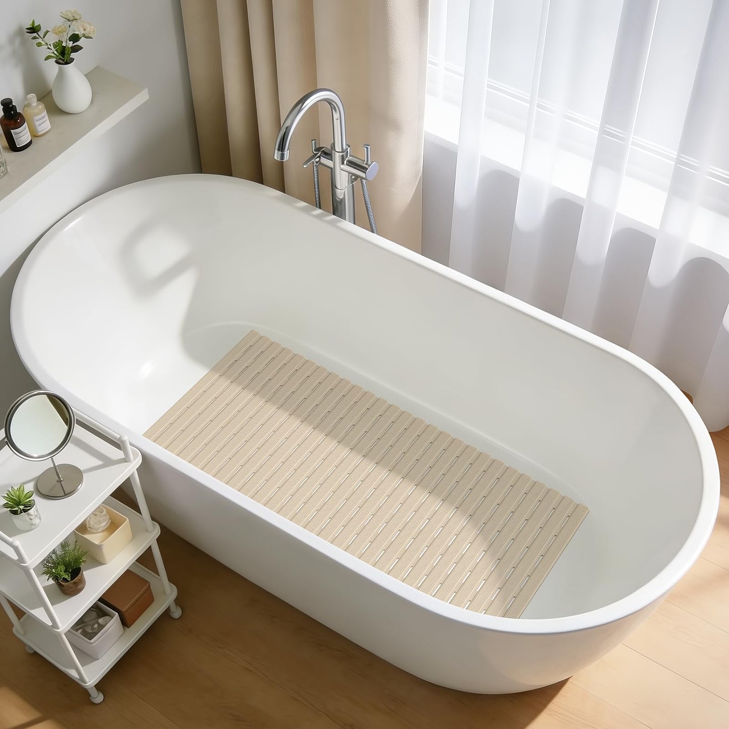 OTHWAY Non Slip Shower Mat, 36.6" x 16.9" Non Slip Shower Mats for Inside Shower, Shower Anti Slip Mat with Suction Cups, Easy to Cut Shower Floor Mat, Machine Washable Bathtub Mats, Light Brown