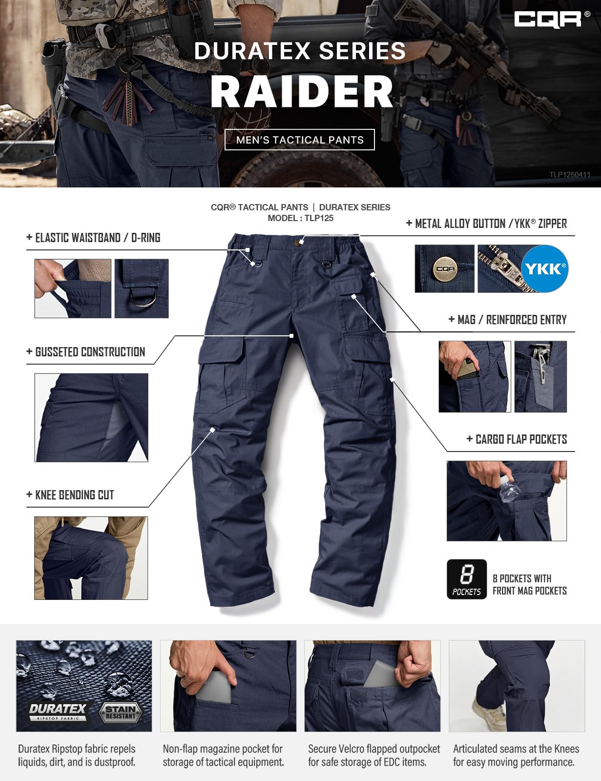 CQR Men's Tactical Pants, Water Resistant Ripstop Cargo Pants, Lightweight EDC Work Hiking Pants, Outdoor Apparel, Duratex Mag Pocket Police Navy, 32W x 34L
