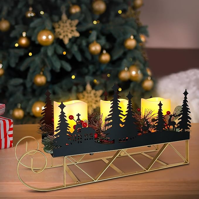 Christmas Sleigh Table Centerpieces Decorations, Xmas Black Cut-Out Tree Sleigh LED Candle Candelabrum with Timer Holiday Candle Holder for Home Party Table Mantel Decoration