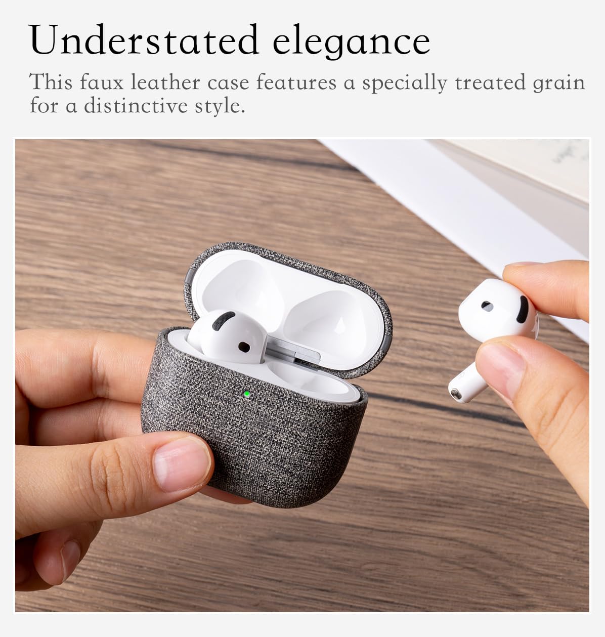 HanFab Artisan Hand-Wrapped Vegan Leather Case for AirPods 4th Generation (2024 Release) | Canvas Finish Synthetic Leather | Microfiber-Lined Scratch Protection | Hard Shell Case for AirPods 4 - Gray