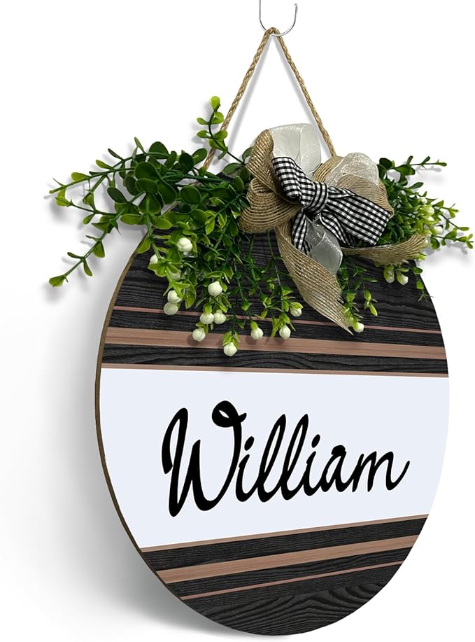 Personalized Front Door Signs with Wreath Custom Rustic Family Name Round Wooden Sign with Bow Welcome Farmhouse Customized Hello Door Hanging Sign for Home Wall Outdoor Indoor 12x12 Inch