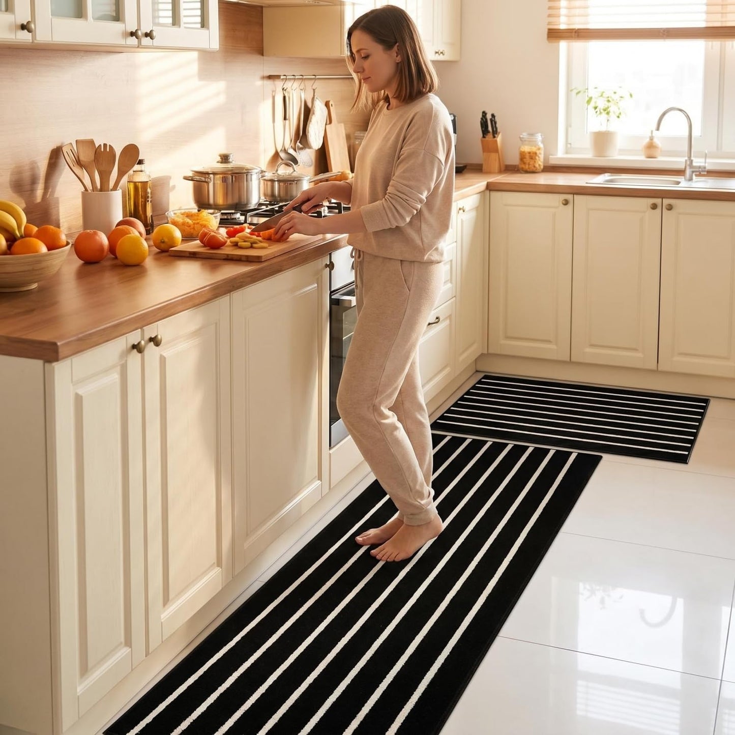 GIB Kitchen Mats Set of 2 PCS, Non-Slip Washable Rugs for Kitchen Floor, Absorbent Runner Rug Comfort Standing Mats for Kitchen Sink Office Decor, 20"x32"+20"x47", Black and White Striped