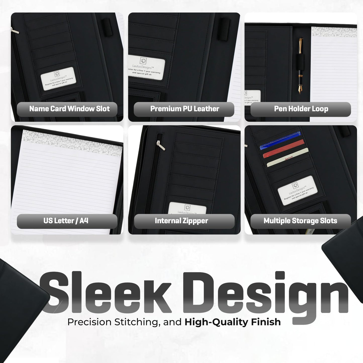 Lautus Designs Black Zippered Leather Portfolio - High Capacity 2-Inch Spine - Fits Surface Go & iPad Pro/Air 11 Inch - Professional Resume Padfolio