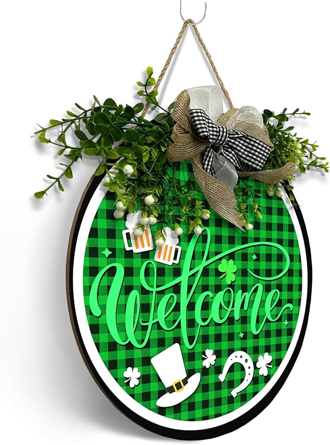 St. Patrick’s Day Door Sign for Front Porch Welcome Green Plaid Hanging Round Wood Wreaths With Bow Clover Hat Horseshoe Hanger Rustic Irish Spring Lucky Shamrock Door Signs Home Decor 12 Inch