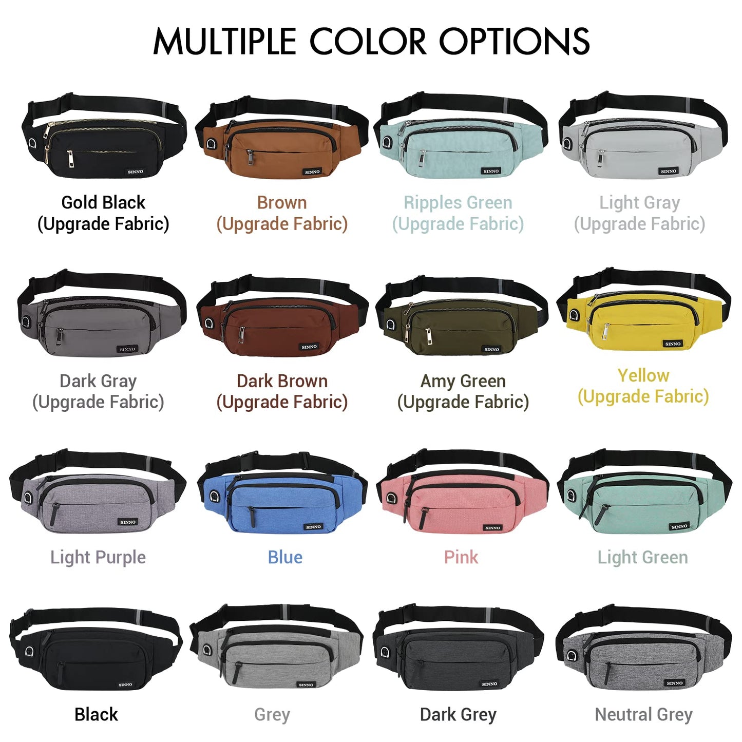 SINNO Black Fanny Packs for Women Men Fashionable Waterproof Belt Bag Gifts for Running Sport Workout Hiking Travel Crossbody Plus Size Waist Pack Phone Bag Wallets Purse Carrying All Phones