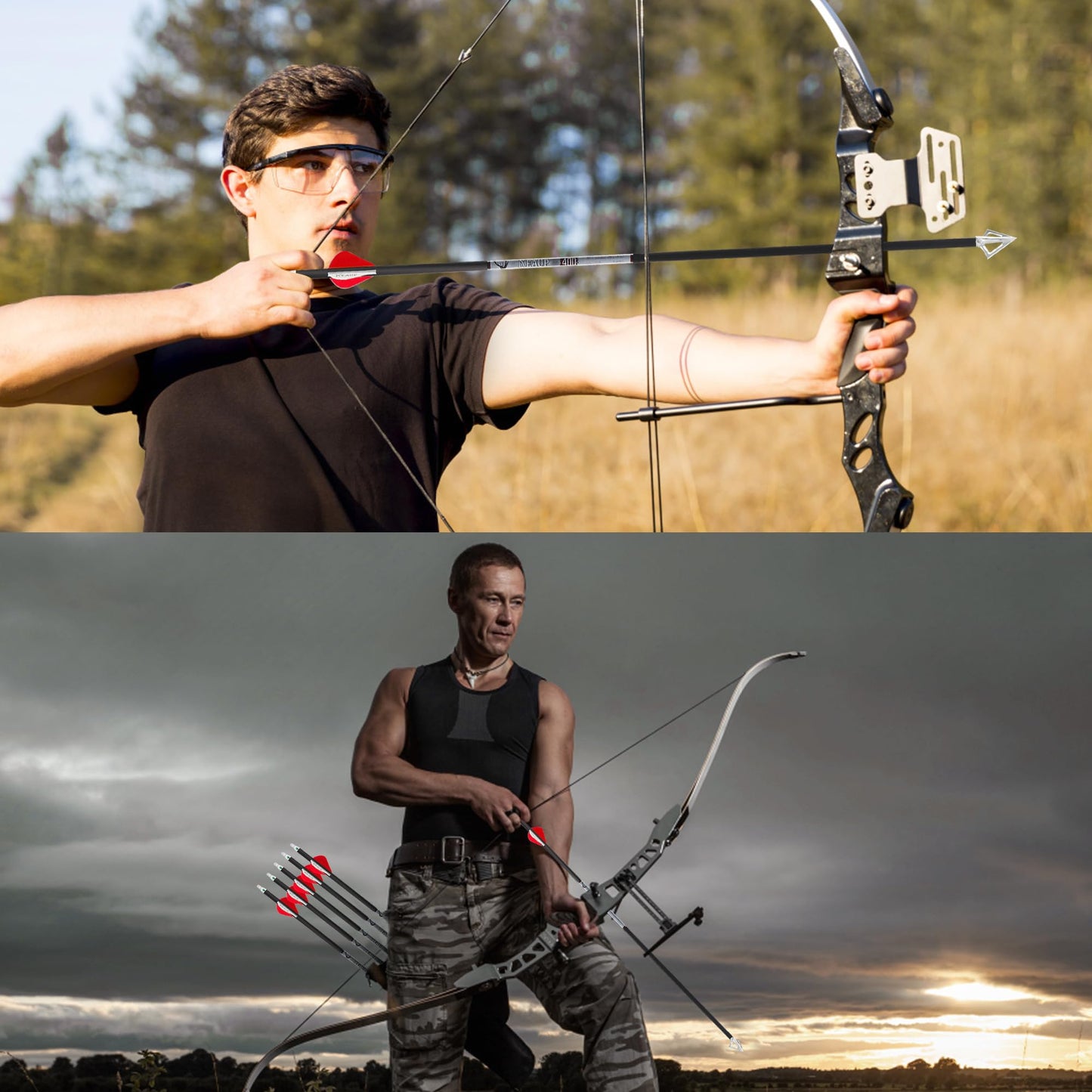 KEAUP 31 inch 100% Carbon Arrows and Broadheads .244/6.2mm Lighted Nocks Set, 6 Pack Hunting Compound Bow and Recurve Bow Shaft Spine 300/350/400/500 (Spine 400, Red)