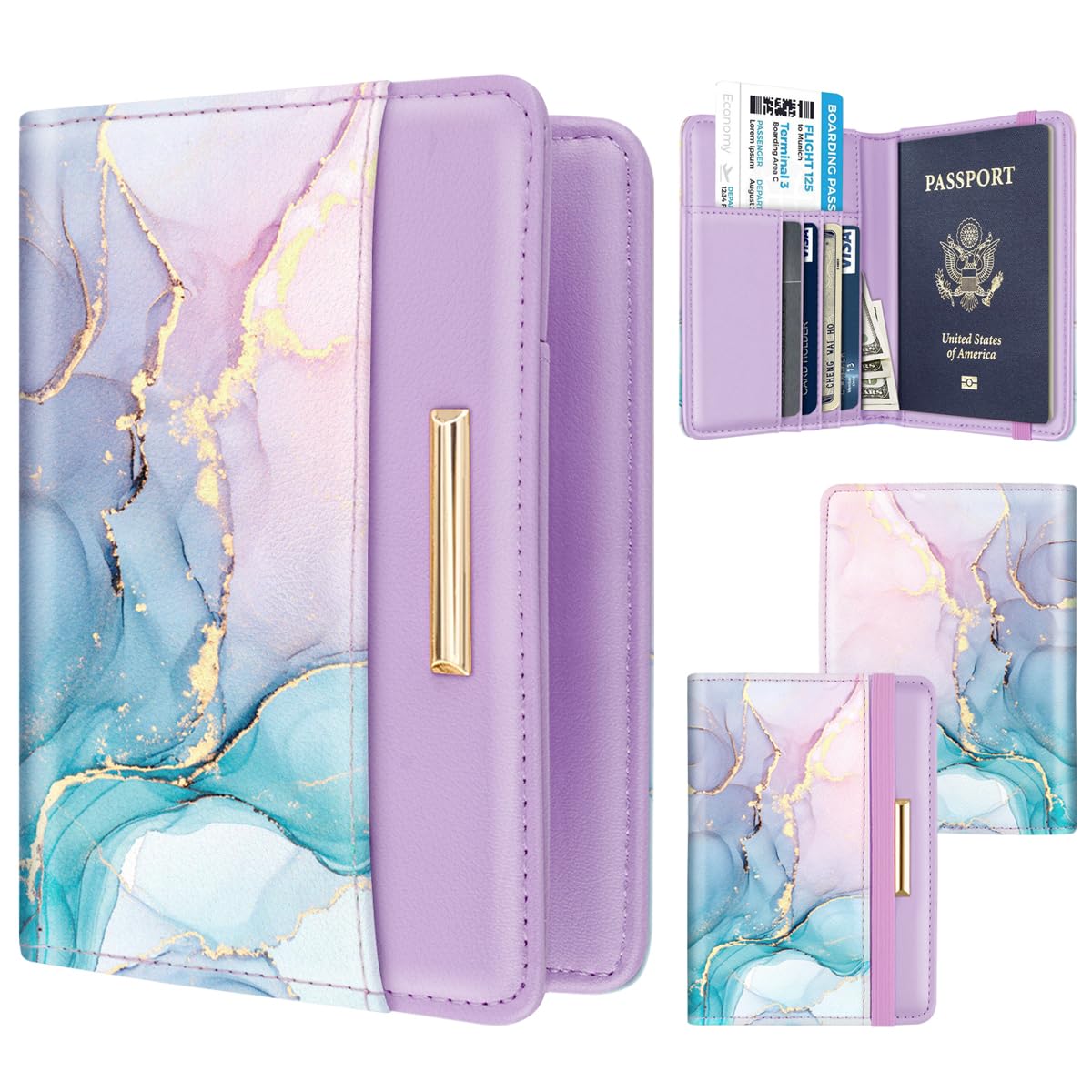 Passport Holder Cover, RFID Travel Wallet Credit Card Holder Cute Purple Pink Passport Book Holders for Women with Elastic Band and Golden Metal Decoration, Gradient Marble
