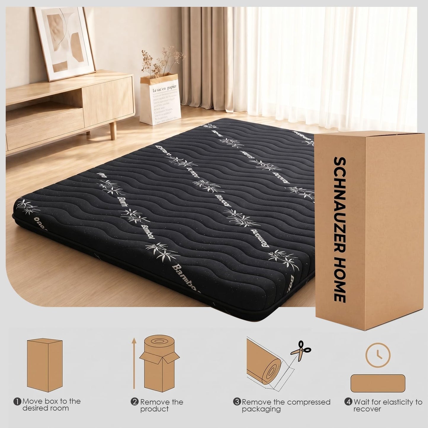 Japanese Floor Mattress Viscose Derived from Bamboo, 100% High Density Foam, 3.5" Thicken Cooling Foldable Futon Mattress Tatami Mat, Roll Up Floor Bed for Guest Room Bedroom RV, Black, Twin