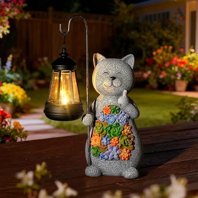 Solar Cat Garden Statue with Succulent Decor Hanging Lantern – Waterproof Resin Outdoor Figurine for Yard, Patio, Balcony – Gift for Cat Lovers, Gardeners