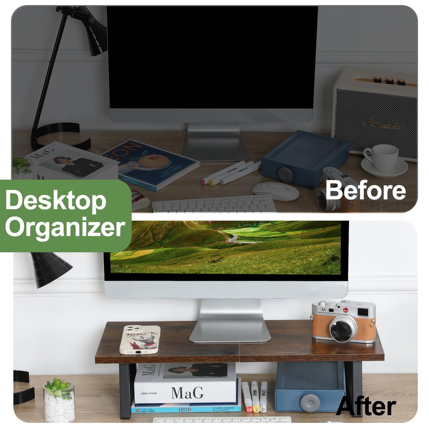 TEAMIX 24 inch Monitor Stand Riser, Rustic Brown Wood & Steel Computer Monitor Stand with Storage, Laptop, PC, Printer Stand Riser for Desktop Office Desk Organizers