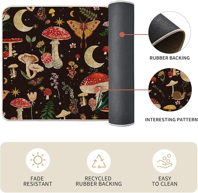 Artoid Mode Black Mushrooms Butterfly Spring Kitchen Mats Set of 2, Home Decor Low-Profile Kitchen Rugs for Floor - 17x29 and 17x59 Inch