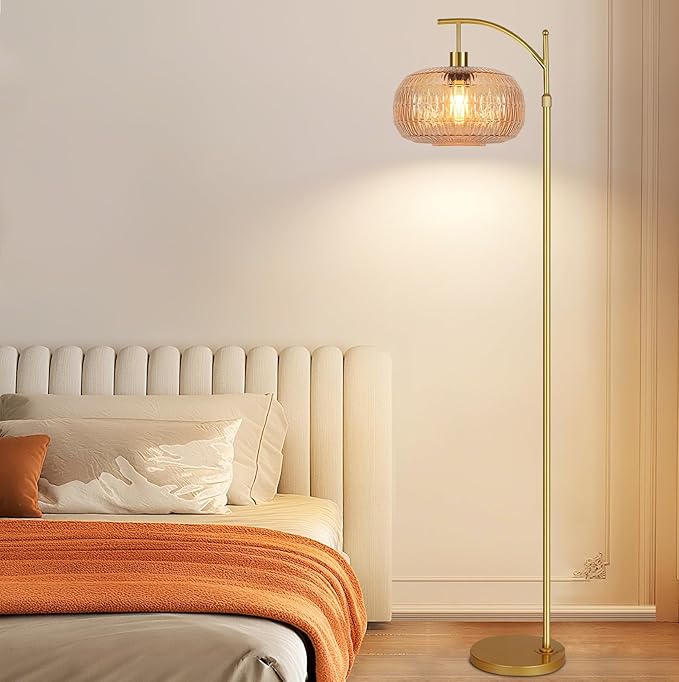 Glass Floor Lamp for Living Room,Bedroom,Gold Mid Century Modern Standing Lamp with Remote,Dimmable Brass Tall Lamp Amber Lamp Vintage Retro Arc Floor Lamps Floor Light Boho Bohemian