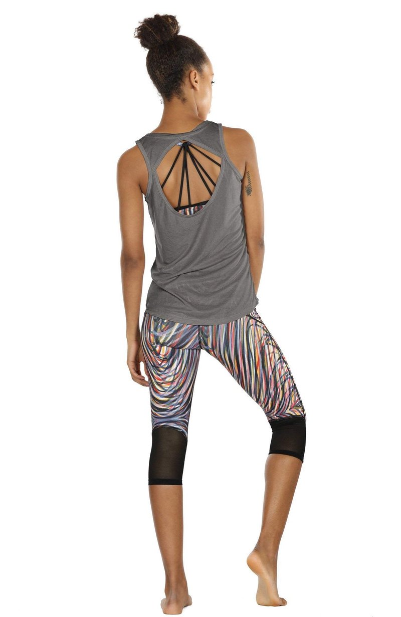 icyzone Yoga Tops Activewear Workout Clothes Open Back Fitness Racerback Tank Tops for Women (S, Black/Grey)