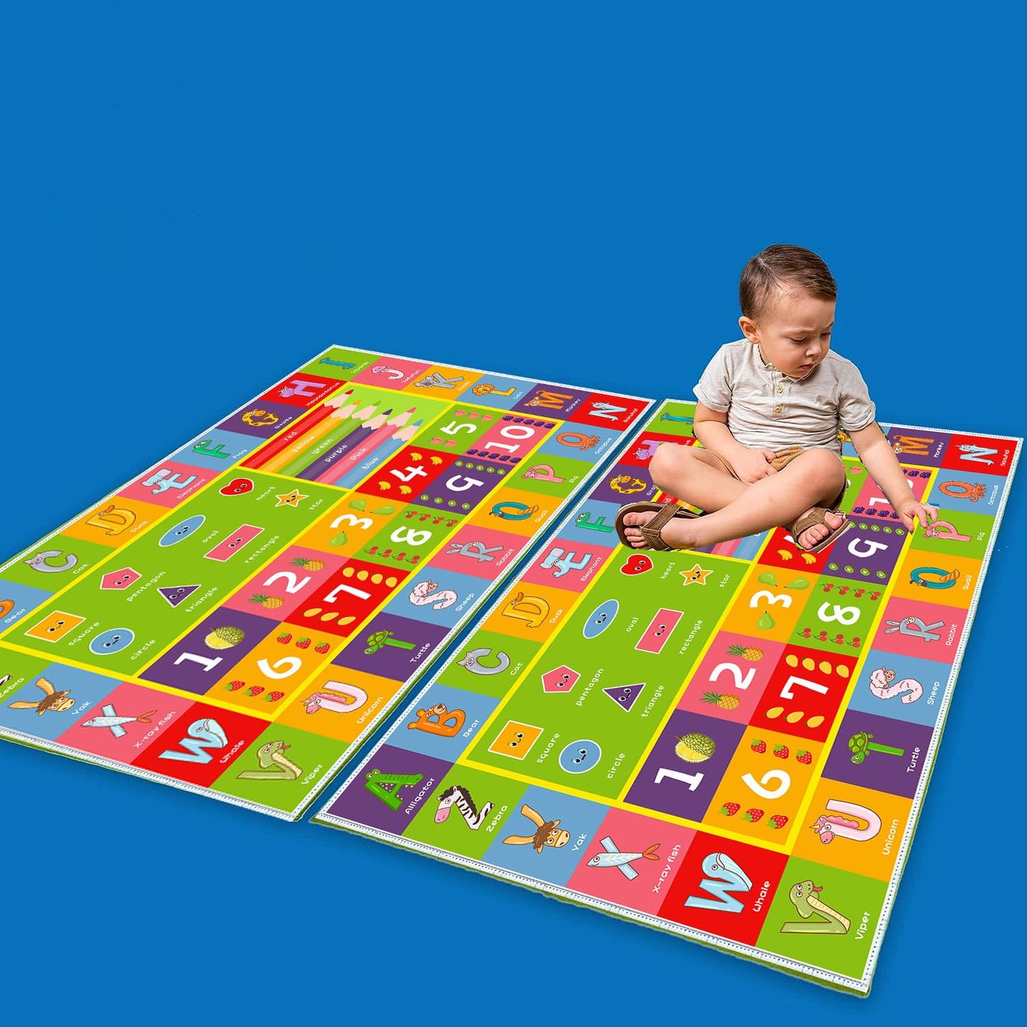 ABC Alphabet Animals Educational Playmat - Interactive Learning Carpet for Toddlers & Infants with Numbers & Shapes, Classroom/Bedroom Play Rug, Machine Washable(Size:80 * 120cm/31" x 47")
