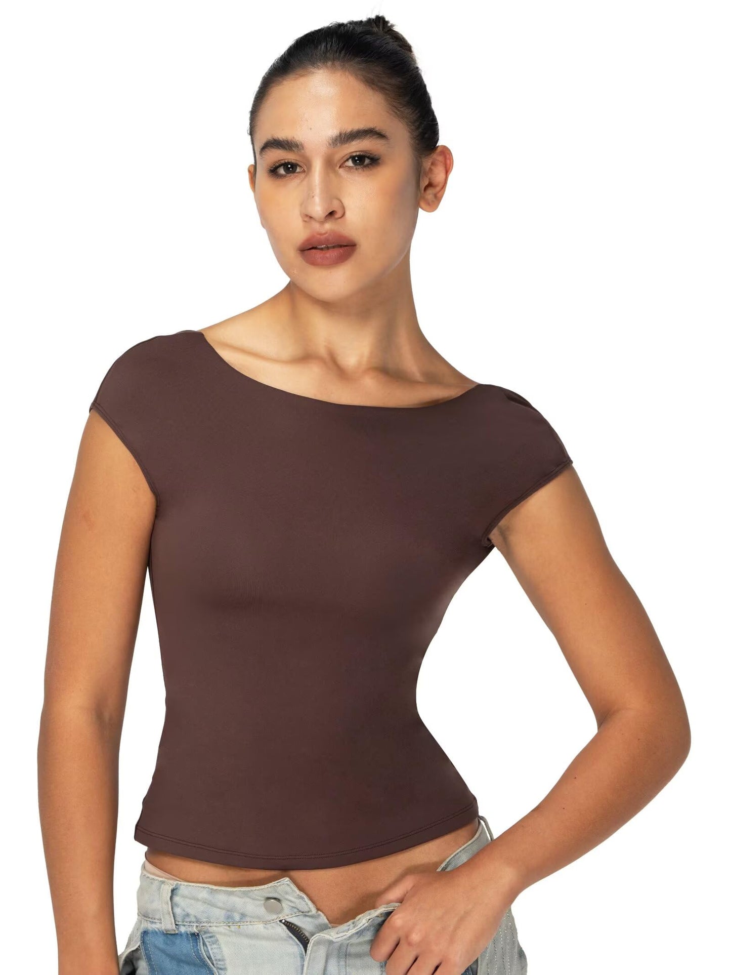 Sunzel Open Back Tops for Women Sexy Going Out Top Double Lined Backless Shirt Y2K Crop Basic Tee Shirts for Casual Workout Black Medium