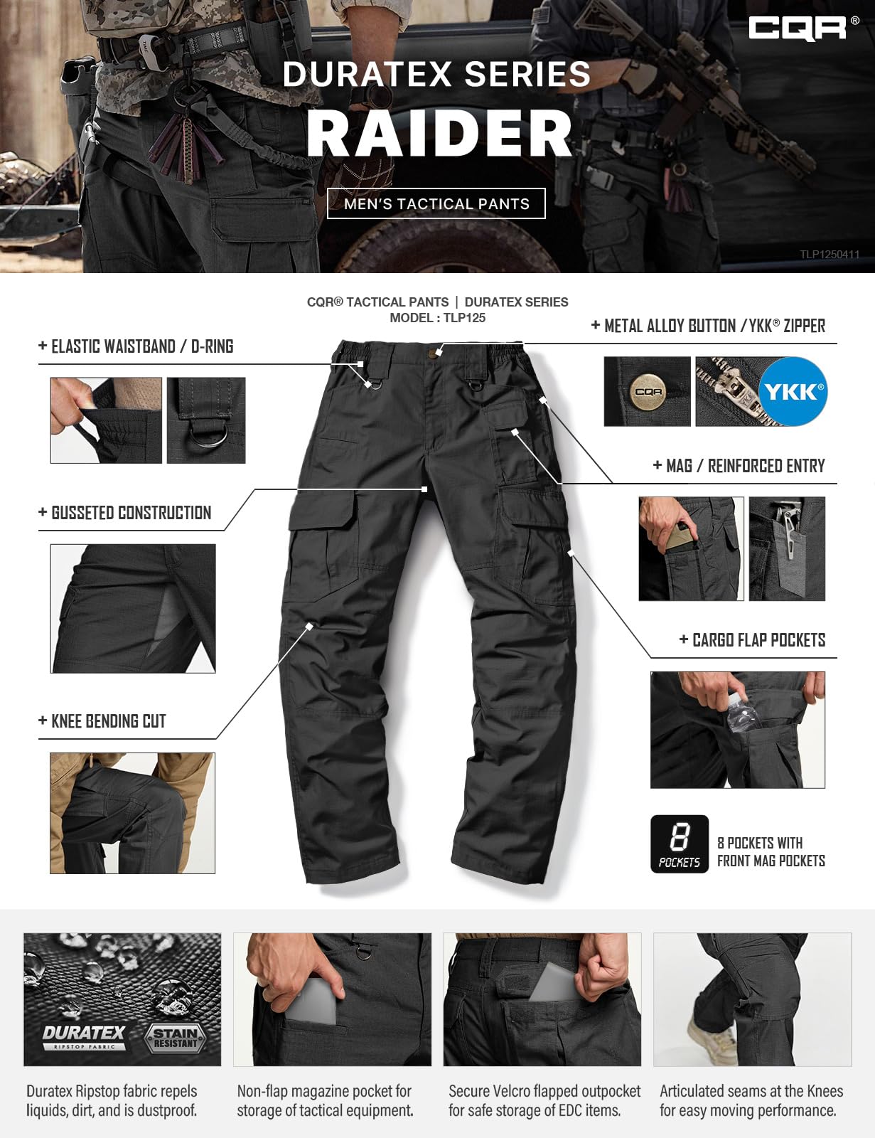 CQR Men's Tactical Pants, Water Resistant Ripstop Cargo Pants, Lightweight EDC Work Hiking Pants, Outdoor Apparel, Duratex Mag Pocket Black, 40W x 32L