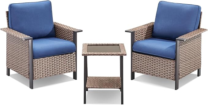 3 Pieces Wicker Patio Furniture Set-Outdoor Patio Chairs Set of 2 with Outdoor Side Table, Patio Furniture Set with Deep Seating Chairs for Porch Deck Balcony Garden Brown/Blue