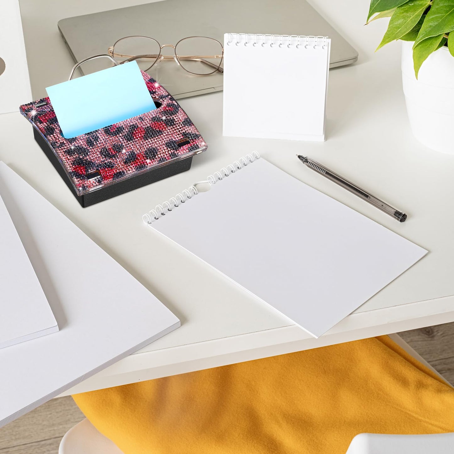 Barydat Rhinestone Self Stick Note Dispenser 4 x 4 Inches Pop up Note Pad Holders with Leopard Print Top Sticky Memo Holder for Office Home Classroom Desk Supplies