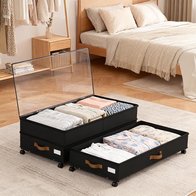 Under Bed Storage with Wheels 2-Pack, 75L XXL Under the Bed Storage Containers Large, 12" Tall Adjustable Storage for Underbed with Lids, Rolling for Clothes, Shoes, Blankets (4PCS-Black)