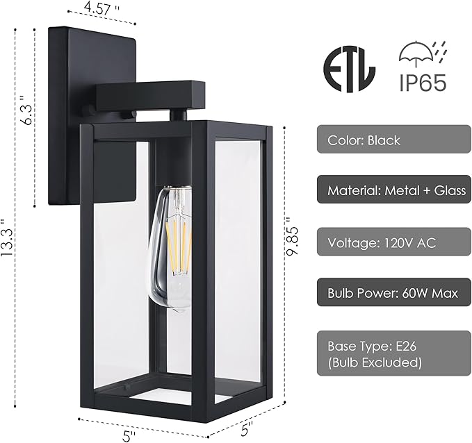 GRUENLICH Waterproof Large Outdoor Wall Lanterns, Modern Black Porch Sconces with Clear Glass Shade, E26 Socket Max 60W, IP65 Rated, Metal Frame, for Patio, Front Door, Entryway, 2-Pack