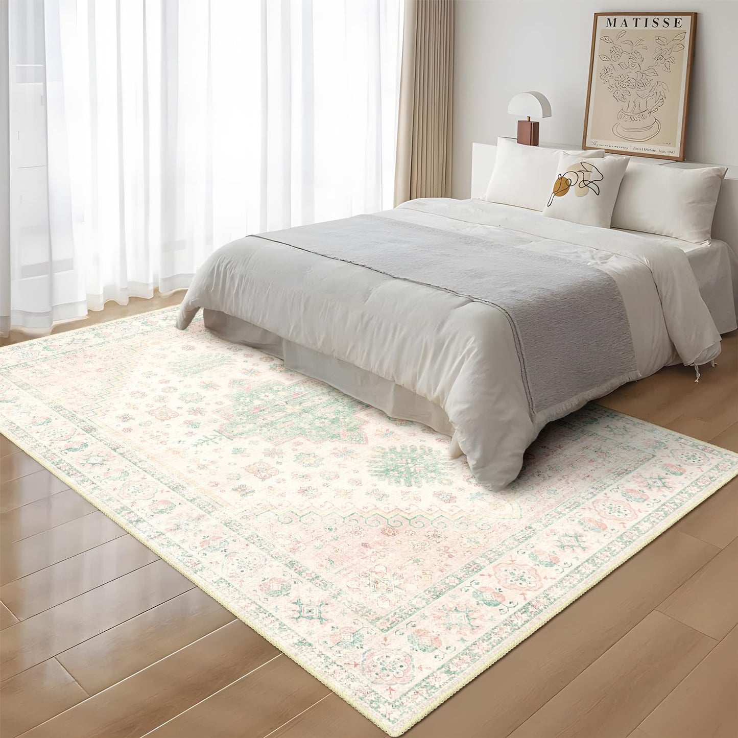 MUJOO 5x7 Area Rugs Washable,Boho Rug for Living Room Bedroom Dining Room Office,Large Throw Carpet,Non Slip Big Soft Indoor Low Pile Light Pink and Green